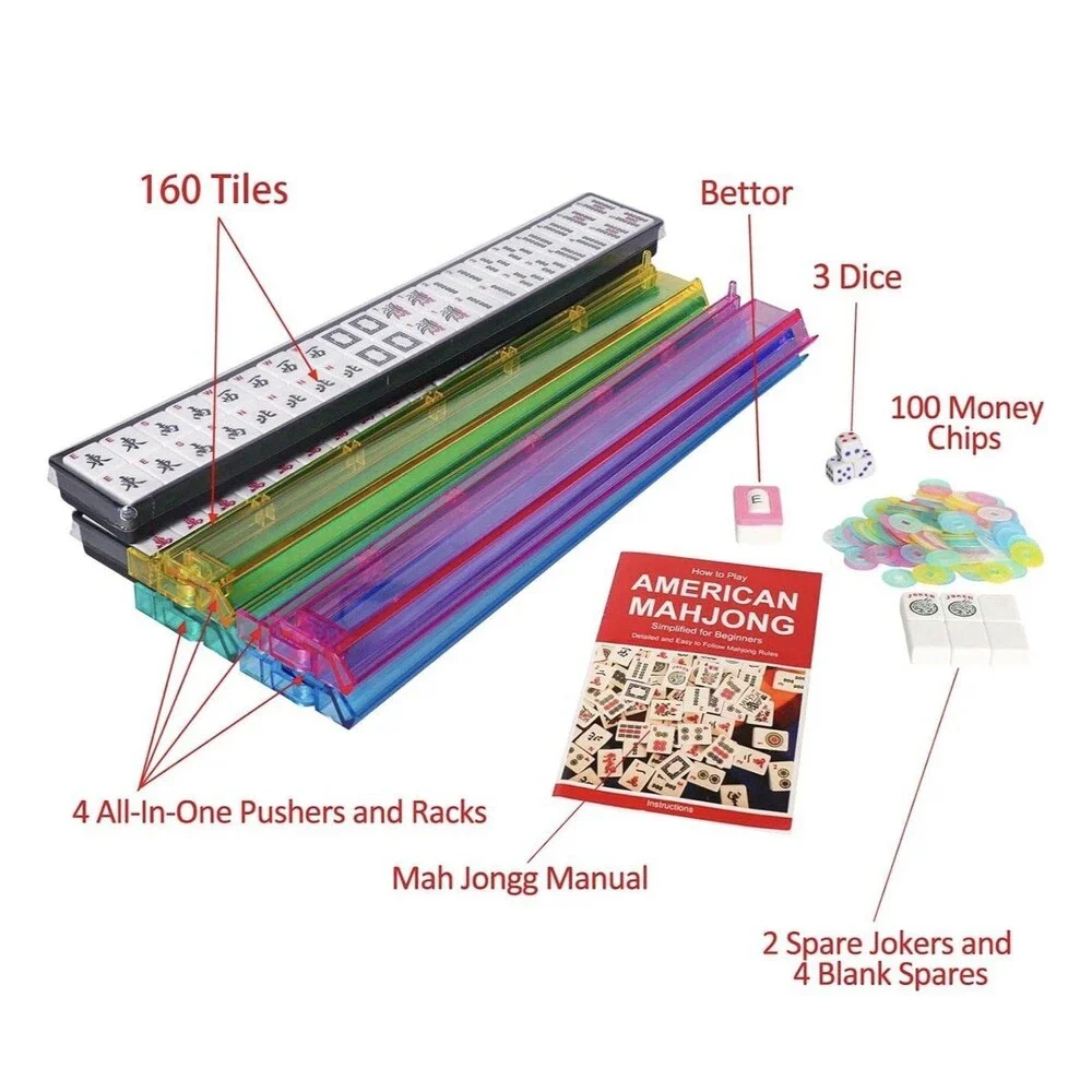 Mahjong Set 166 White Tiles 4 All-in One Racks Red Bag Jongyance American